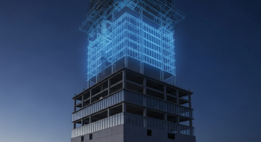 A partially-built skyscraper at twilight — solid lower floors, glowing blue wireframe upper floors that exist only as plans.